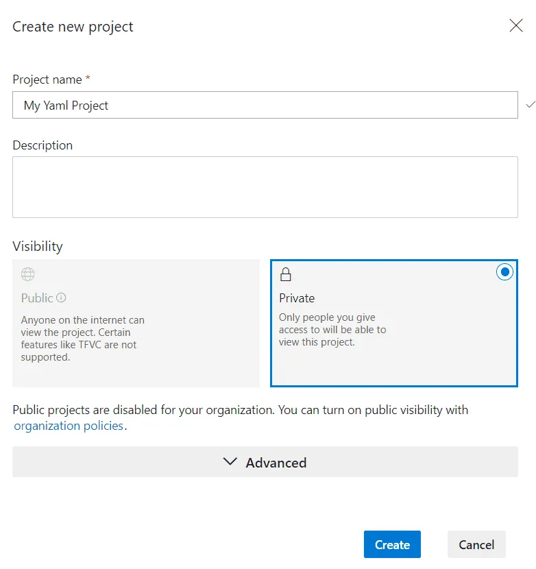 Create project dialog
